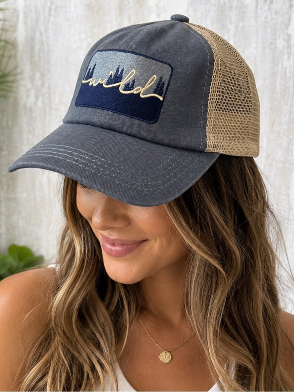 Wildlife Embroidered Trucker Hat - Gray and Tan Mesh
